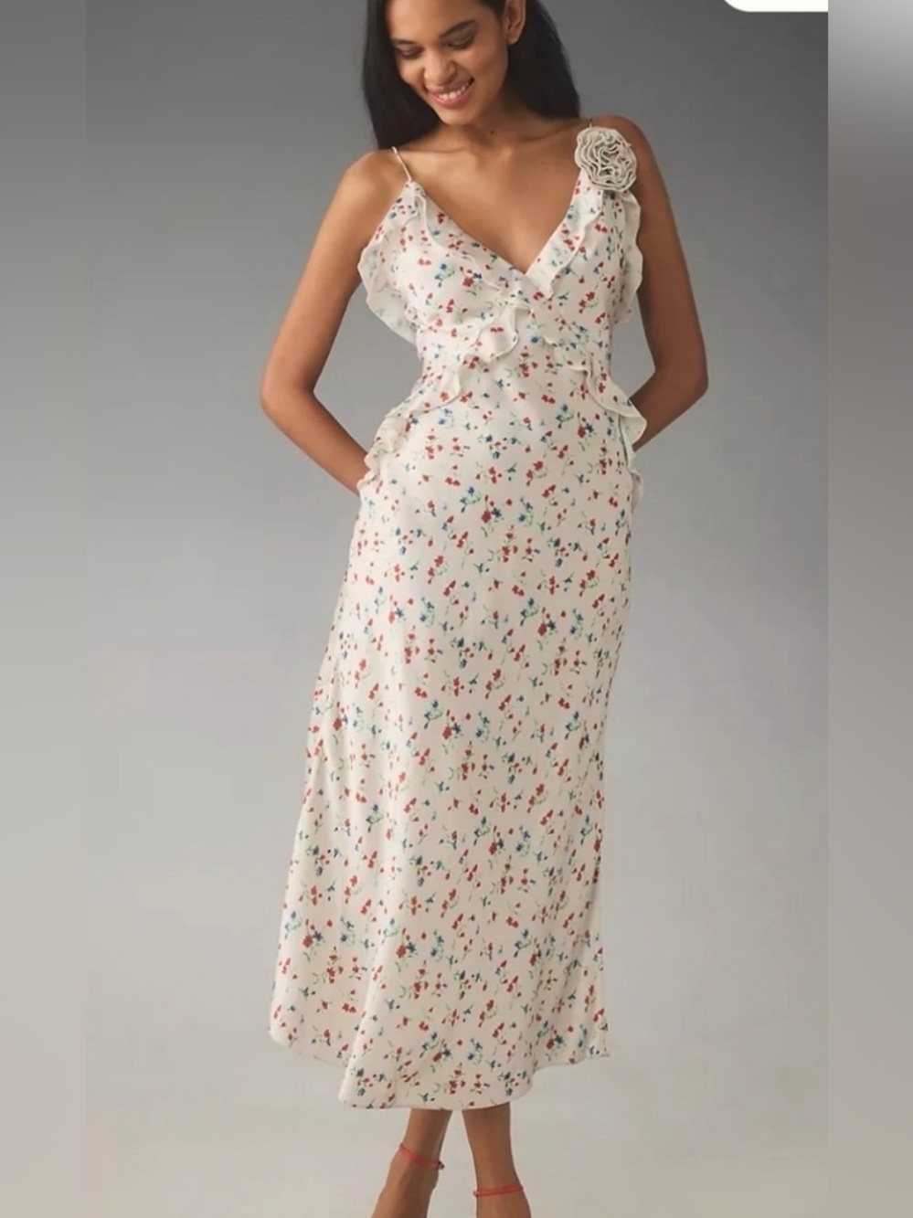 Bardot Olea White Red Blue Green Floral Satin Maxi Dress Medium 6